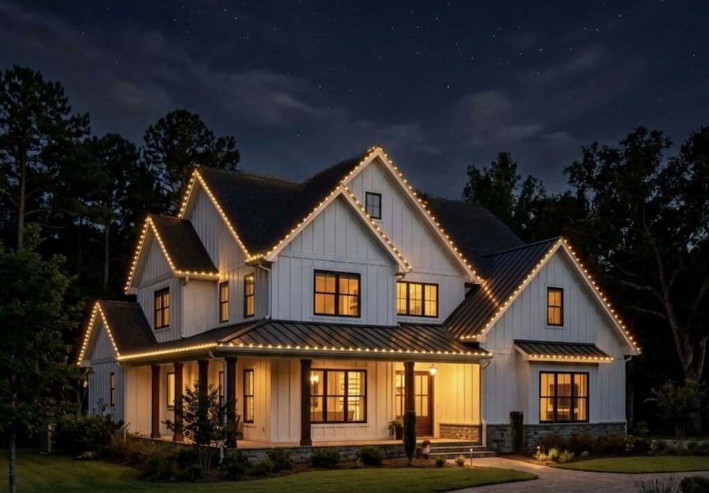 outdoor lights around roofing of house